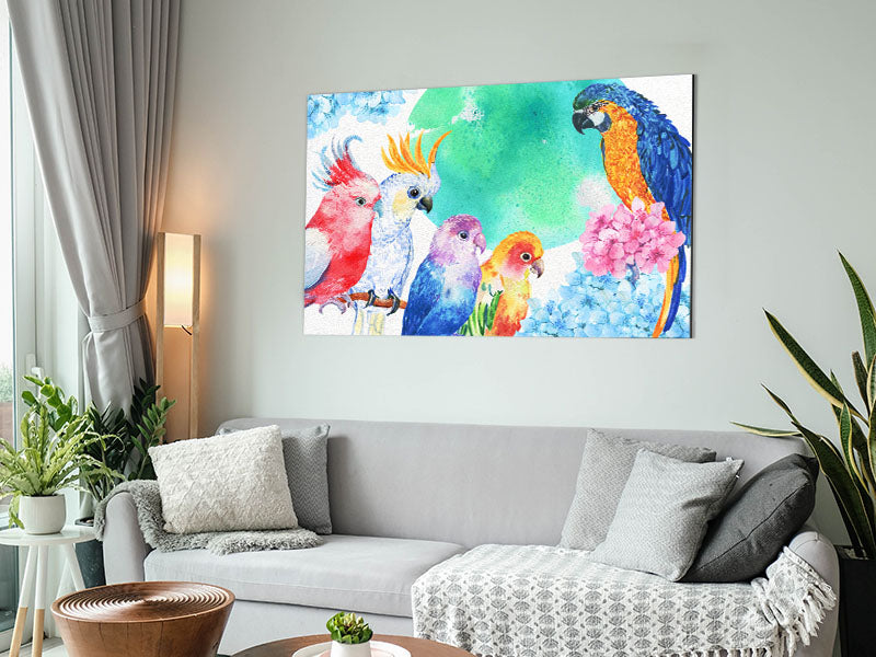 A vibrant array of watercolour parrots printed on brushed aluminium dibond, showcasing colorful and detailed bird illustrations.