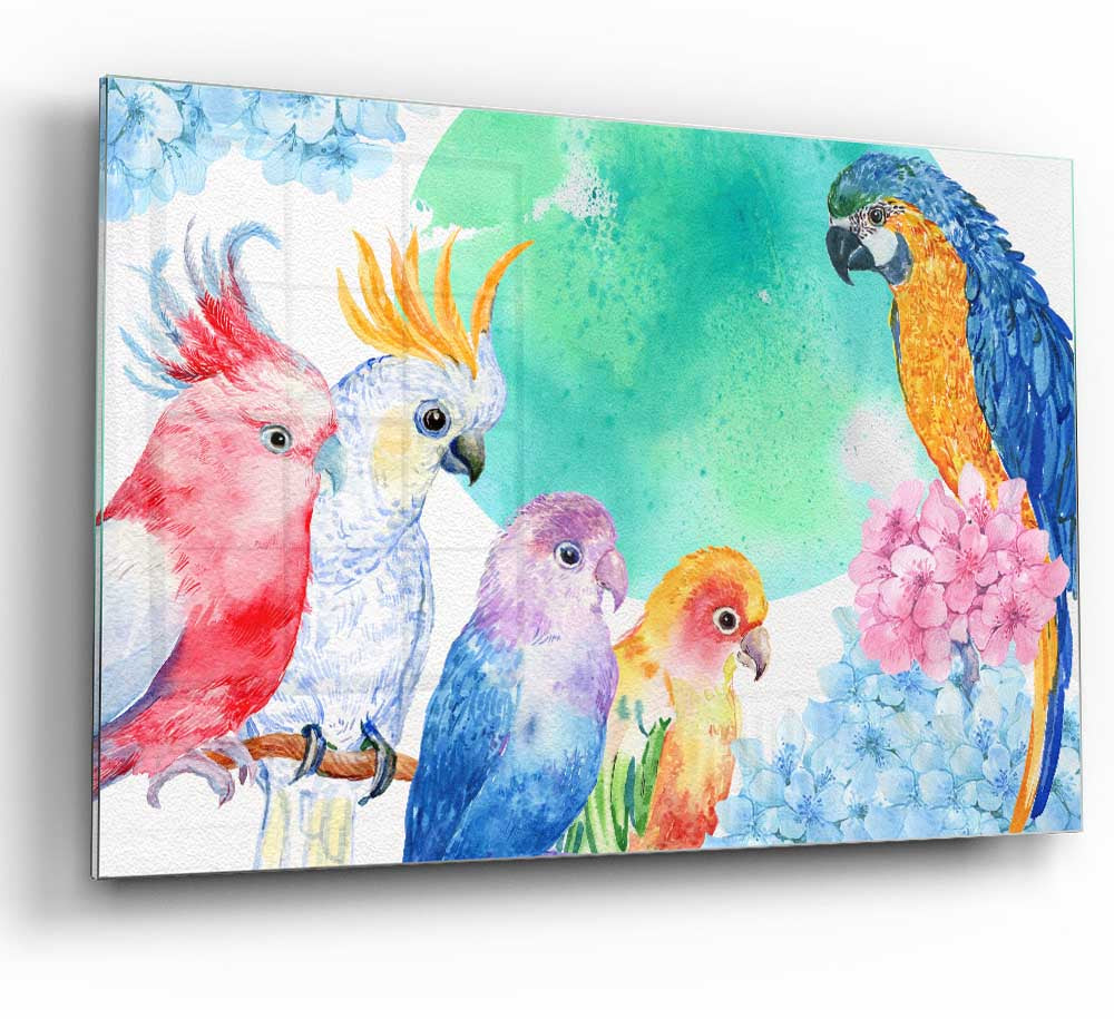 A vibrant glass print featuring an array of colorful watercolour parrots, showcasing their intricate details and lively hues.