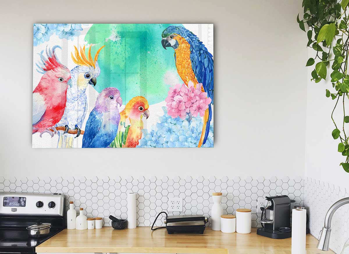 A vibrant glass print featuring an array of colorful watercolour parrots, showcasing their intricate details and lively hues.