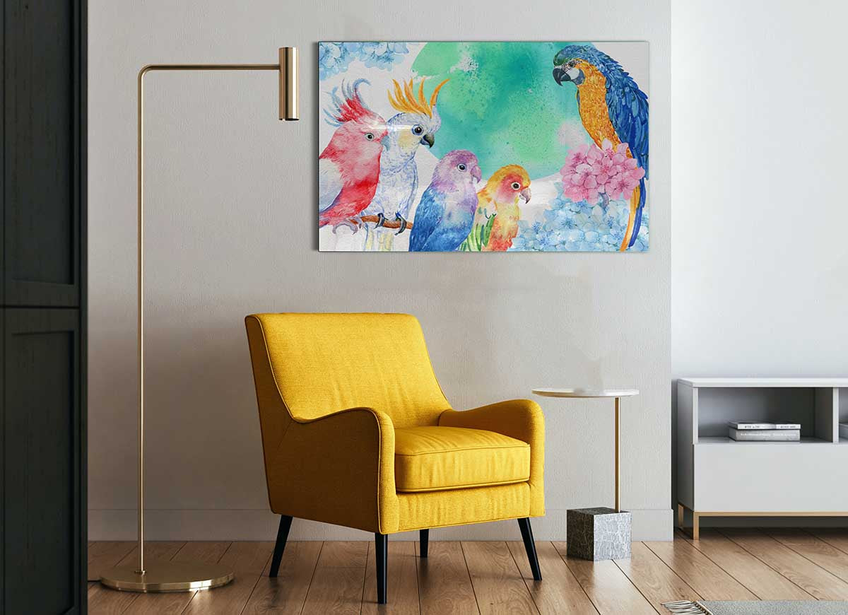 A vibrant glass print featuring an array of colorful watercolour parrots, showcasing their intricate details and lively hues.