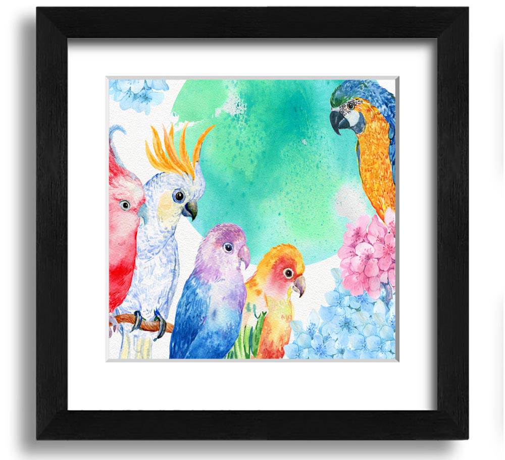 A vibrant square framed print featuring an array of colorful watercolour parrots, beautifully crafted and ready to hang.