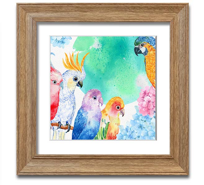 A vibrant square framed print featuring an array of colorful watercolour parrots, beautifully crafted and ready to hang.