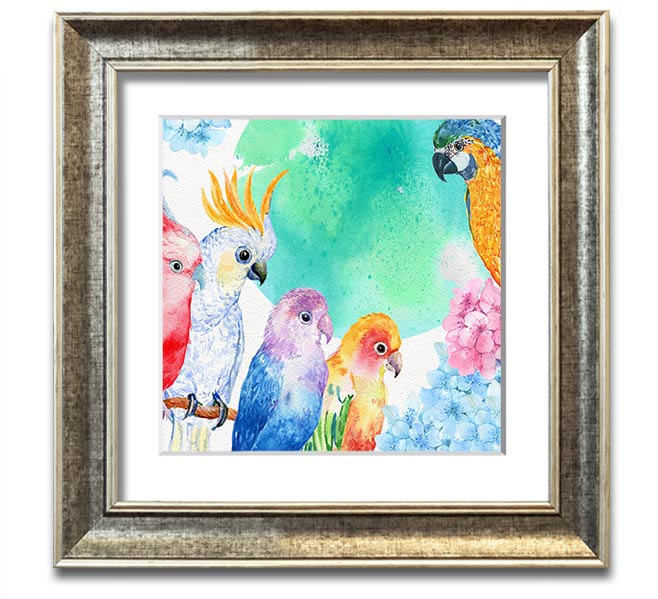 A vibrant square framed print featuring an array of colorful watercolour parrots, beautifully crafted and ready to hang.