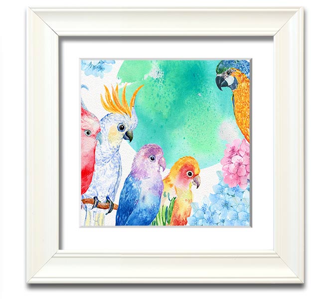 A vibrant square framed print featuring an array of colorful watercolour parrots, beautifully crafted and ready to hang.