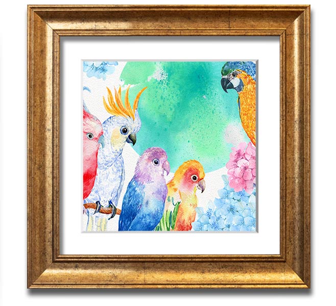 A vibrant square framed print featuring an array of colorful watercolour parrots, beautifully crafted and ready to hang.