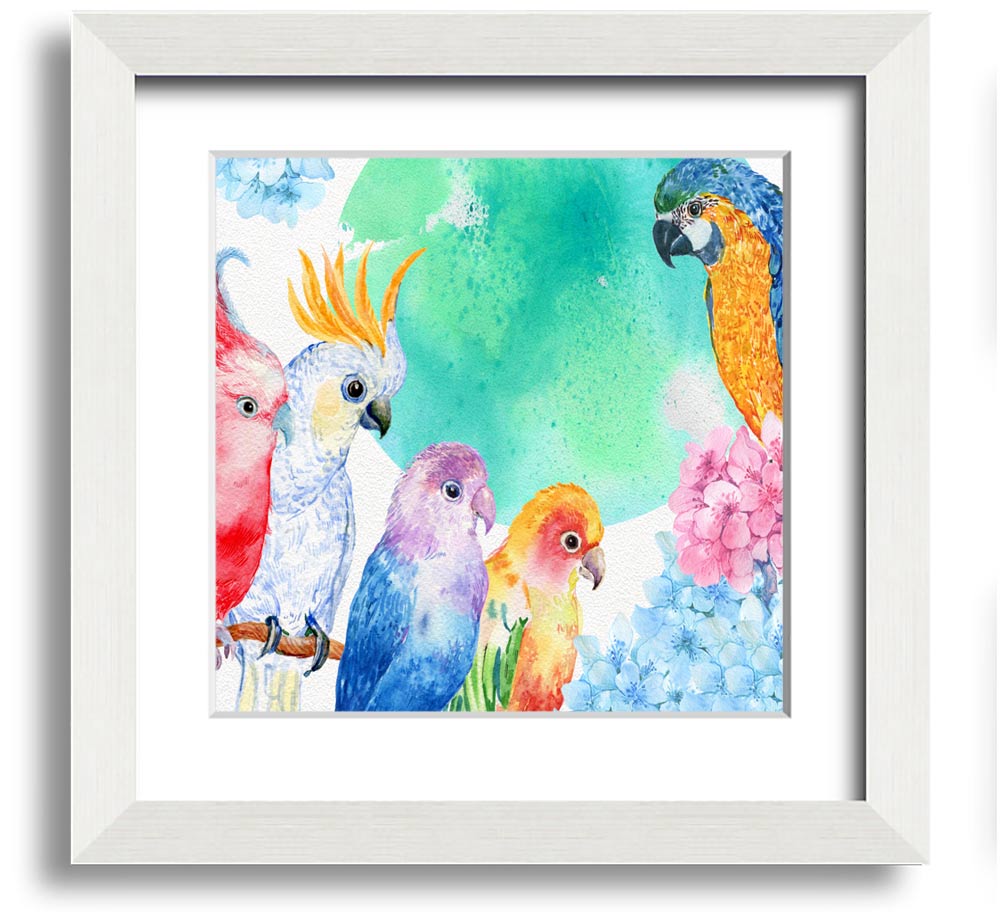 A vibrant square framed print featuring an array of colorful watercolour parrots, beautifully crafted and ready to hang.