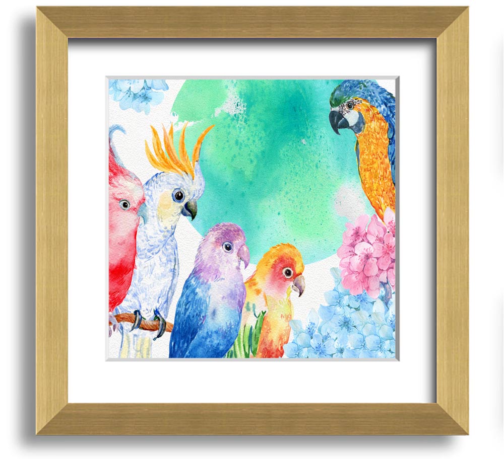 A vibrant square framed print featuring an array of colorful watercolour parrots, beautifully crafted and ready to hang.