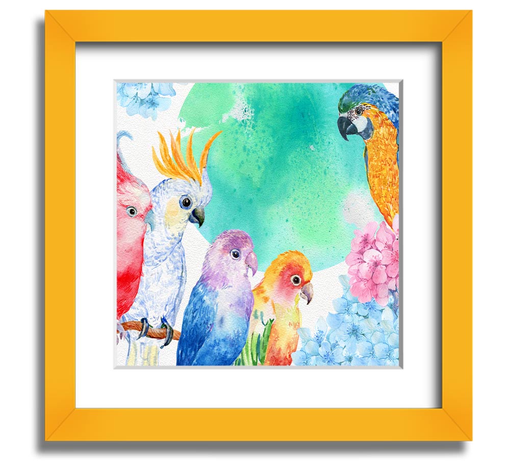 A vibrant square framed print featuring an array of colorful watercolour parrots, beautifully crafted and ready to hang.