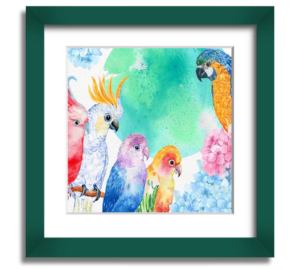 A vibrant square framed print featuring an array of colorful watercolour parrots, beautifully crafted and ready to hang.