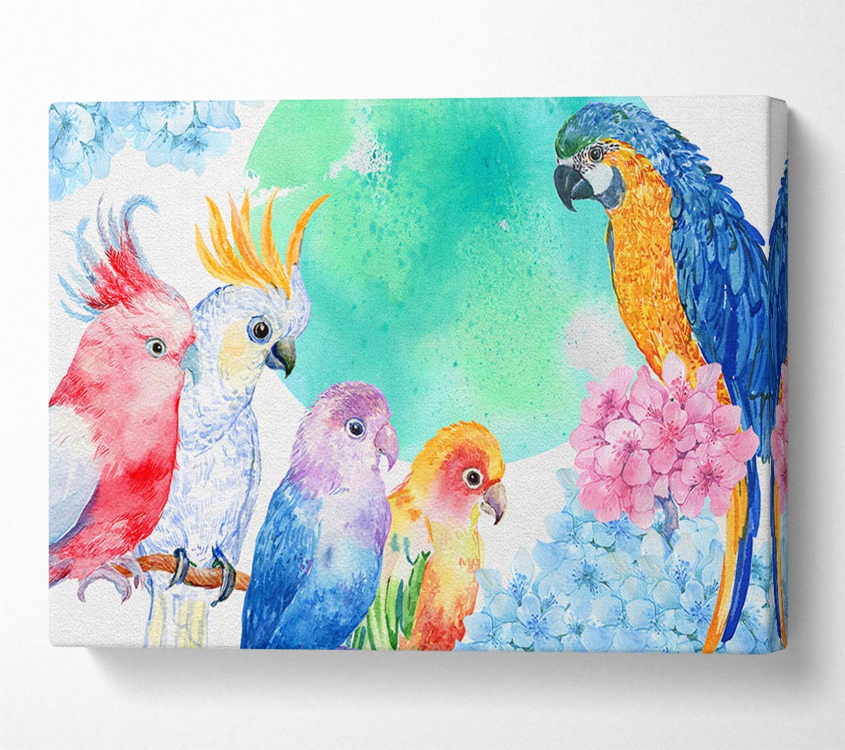 A vibrant canvas print featuring an array of colorful watercolour parrots, mounted on a sturdy box frame, ready to hang.