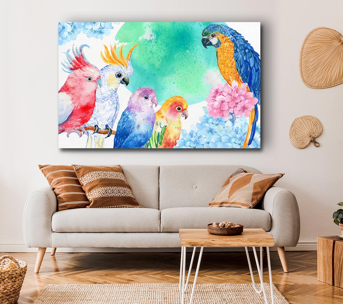 A vibrant canvas print featuring an array of colorful watercolour parrots, mounted on a sturdy box frame, ready to hang.