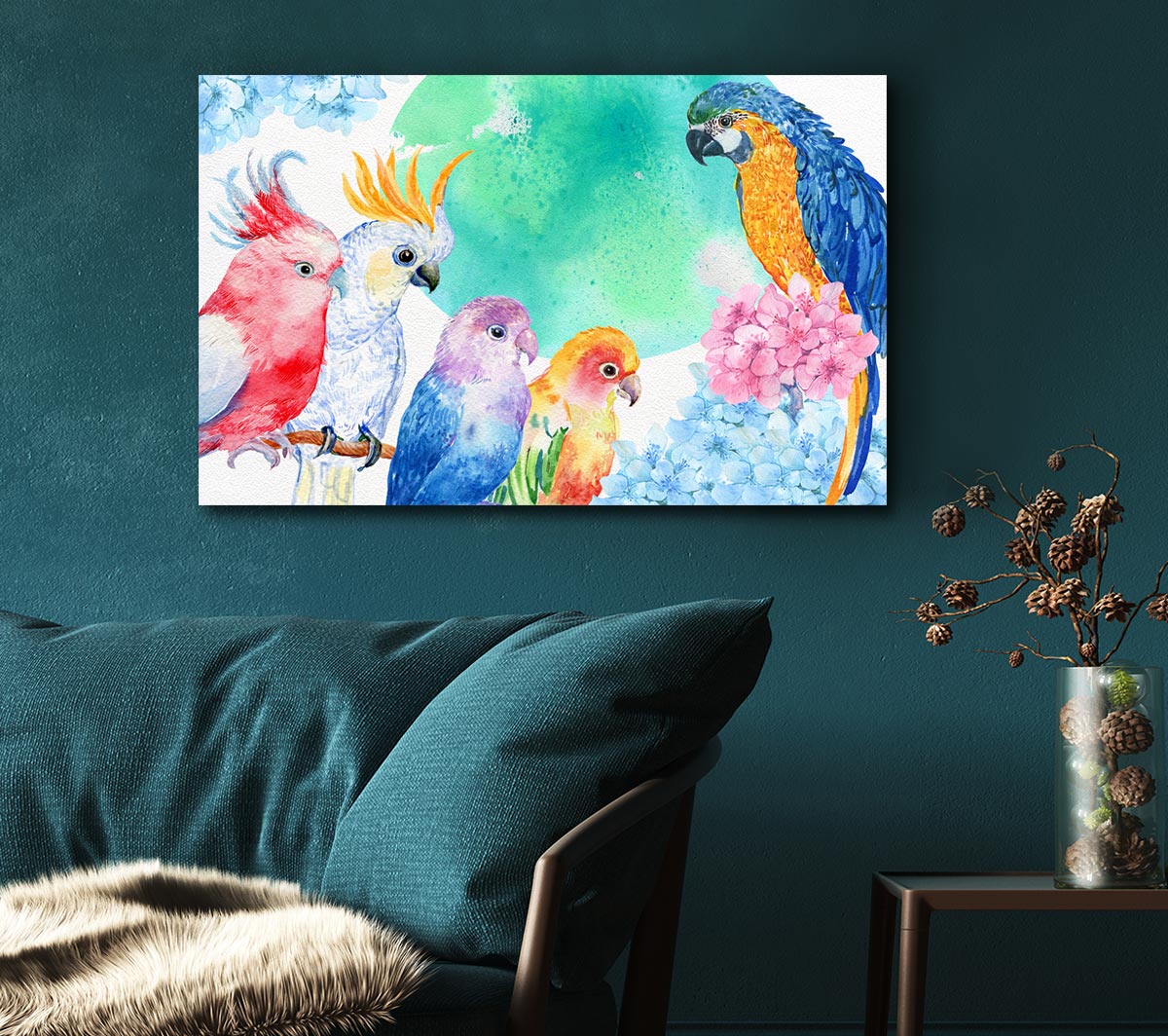 A vibrant canvas print featuring an array of colorful watercolour parrots, mounted on a sturdy box frame, ready to hang.