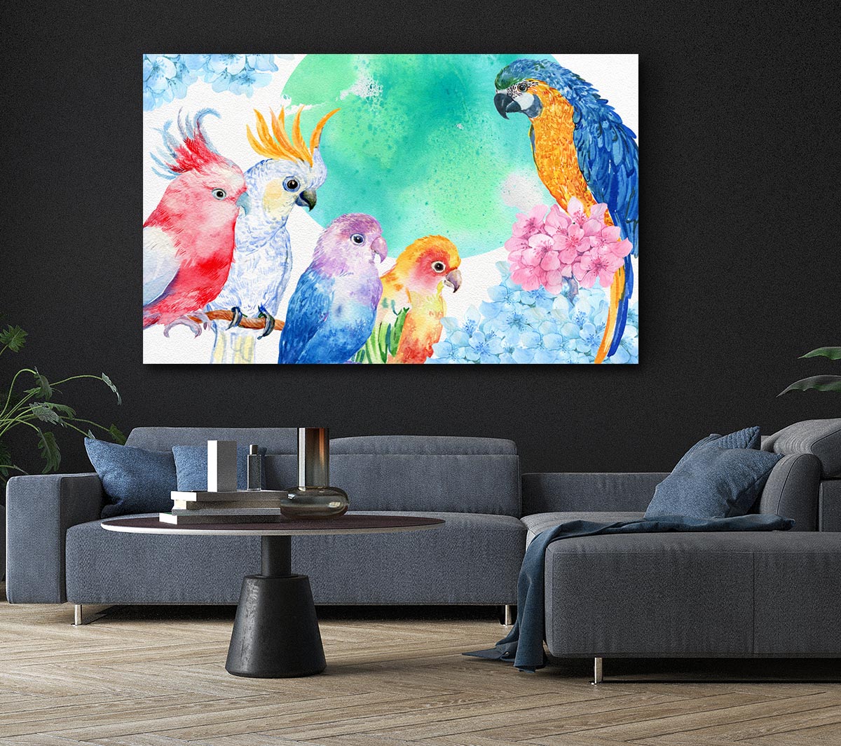 A vibrant canvas print featuring an array of colorful watercolour parrots, mounted on a sturdy box frame, ready to hang.