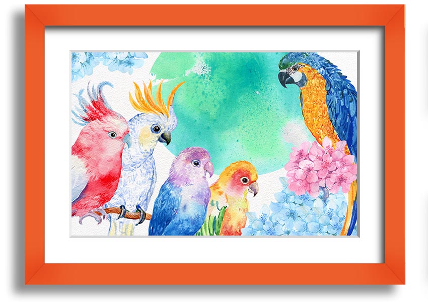 Framed print of vibrant watercolour parrots, showcasing colorful birds in a beautiful design, ready to hang.