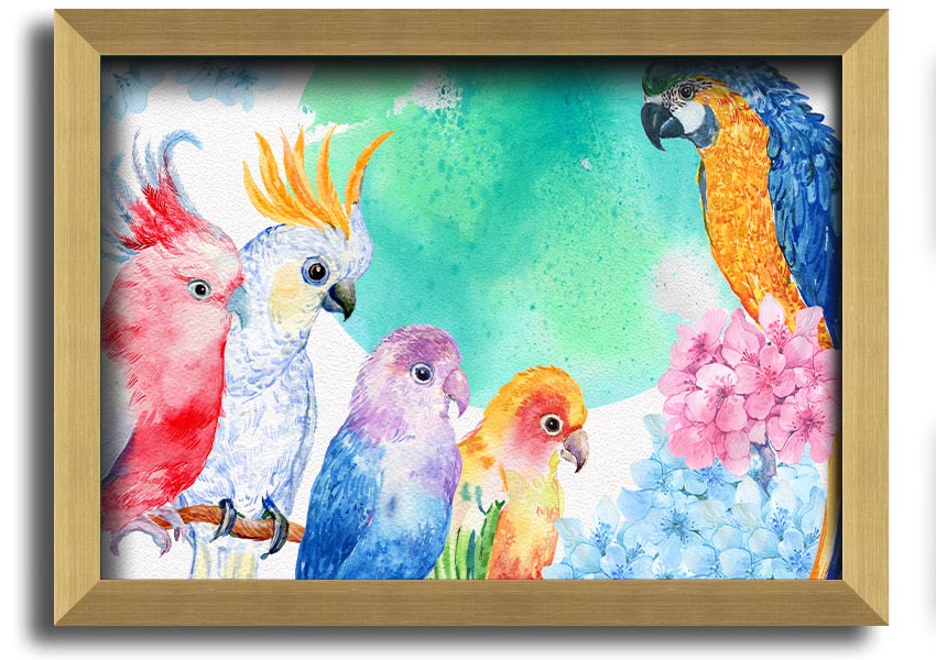 Framed print of vibrant watercolour parrots, showcasing colorful birds in a beautiful design, ready to hang.