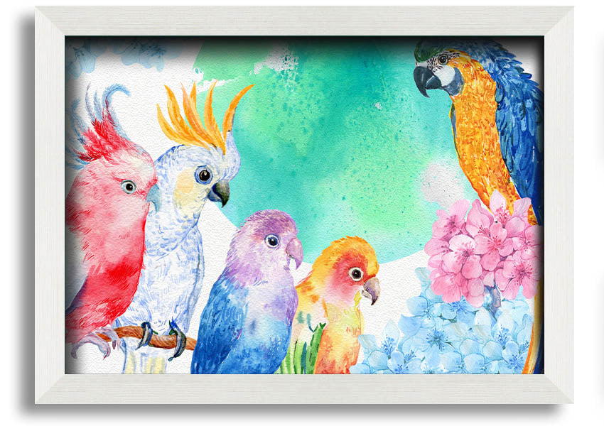 Framed print of vibrant watercolour parrots, showcasing colorful birds in a beautiful design, ready to hang.