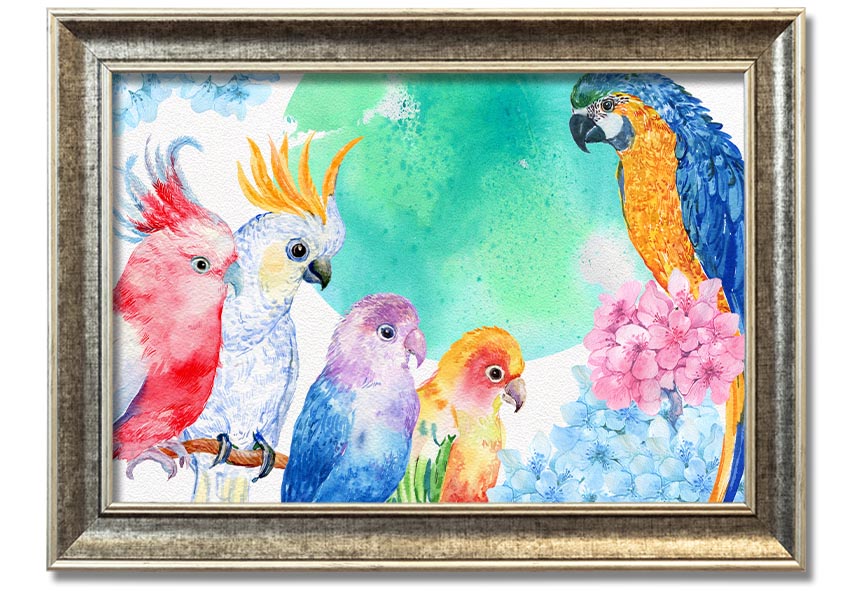 Framed print of vibrant watercolour parrots, showcasing colorful birds in a beautiful design, ready to hang.