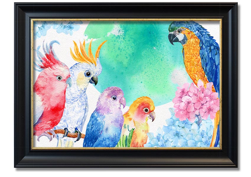 Framed print of vibrant watercolour parrots, showcasing colorful birds in a beautiful design, ready to hang.