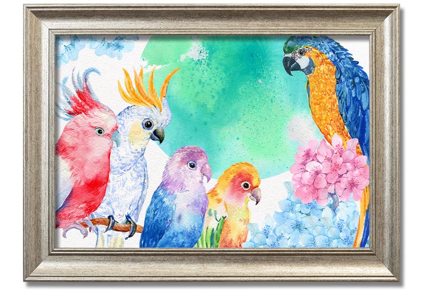 Framed print of vibrant watercolour parrots, showcasing colorful birds in a beautiful design, ready to hang.