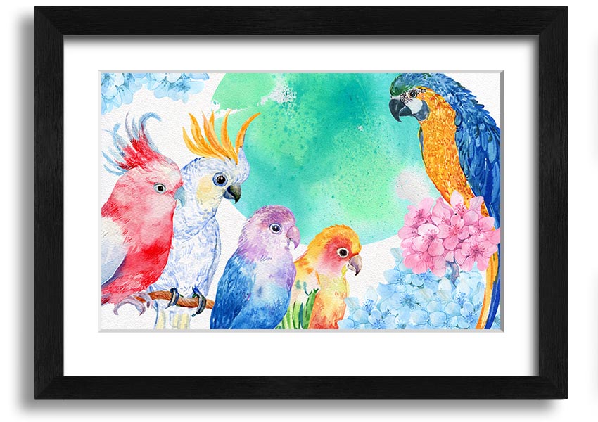 Framed print of vibrant watercolour parrots, showcasing colorful birds in a beautiful design, ready to hang.