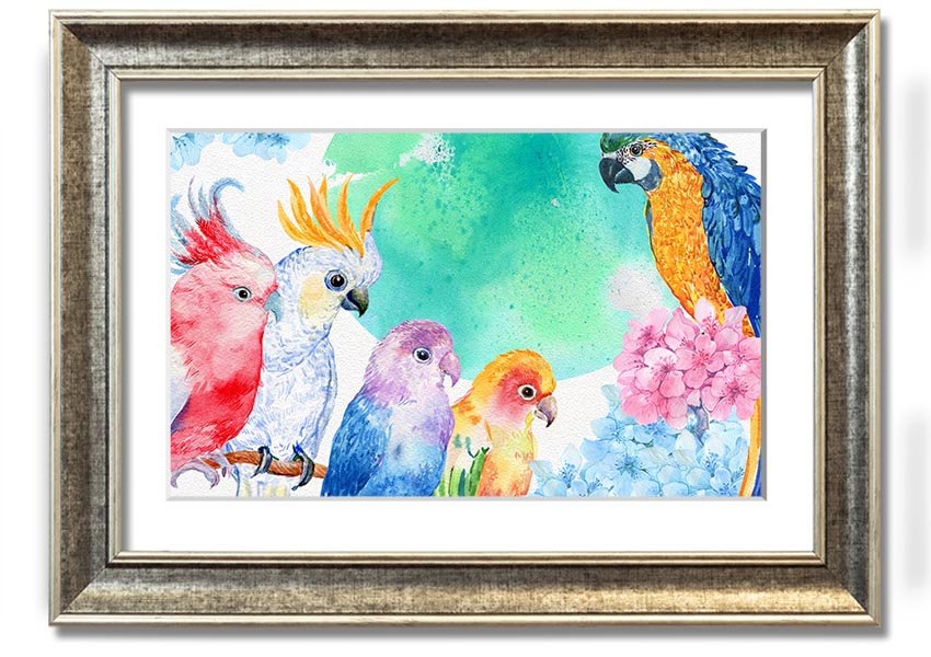 Framed print of vibrant watercolour parrots, showcasing colorful birds in a beautiful design, ready to hang.