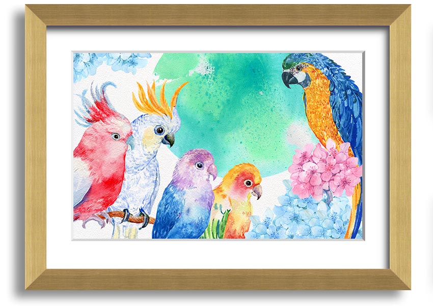 Framed print of vibrant watercolour parrots, showcasing colorful birds in a beautiful design, ready to hang.