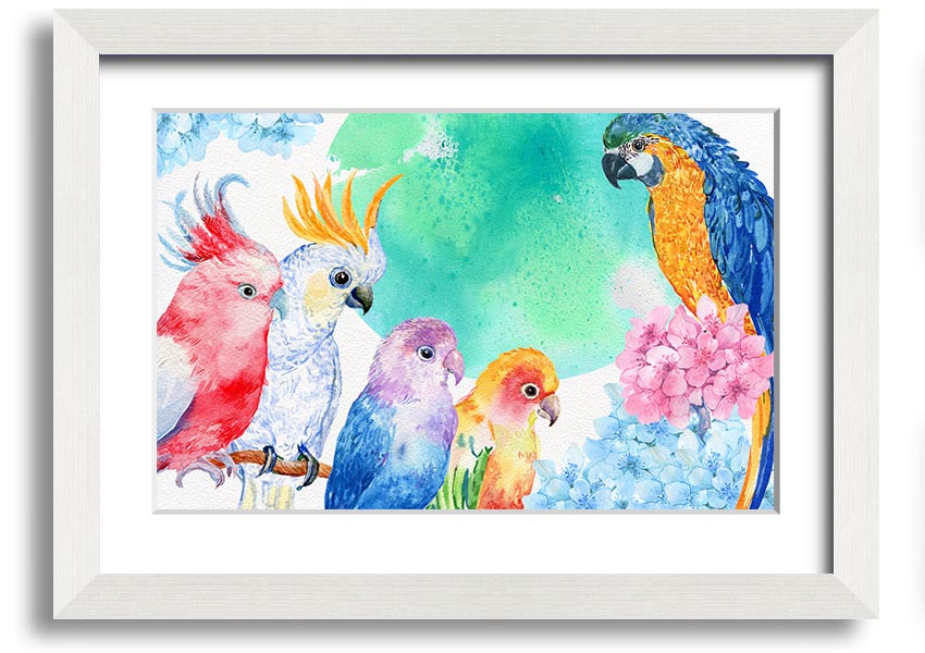 Framed print of vibrant watercolour parrots, showcasing colorful birds in a beautiful design, ready to hang.