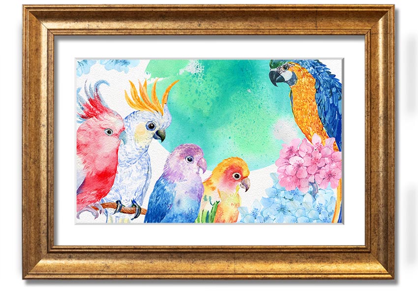 Framed print of vibrant watercolour parrots, showcasing colorful birds in a beautiful design, ready to hang.