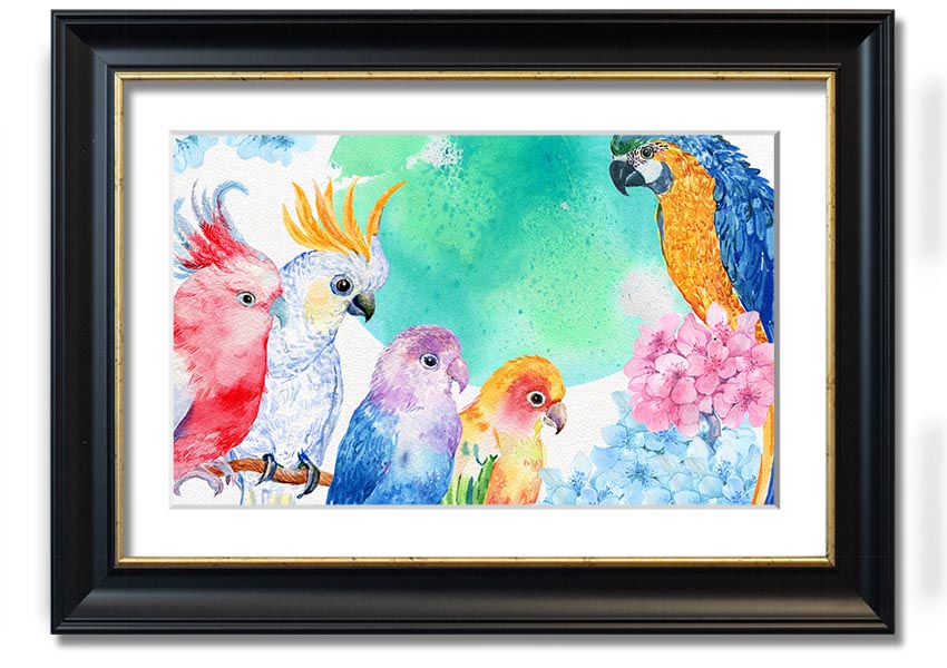 Framed print of vibrant watercolour parrots, showcasing colorful birds in a beautiful design, ready to hang.