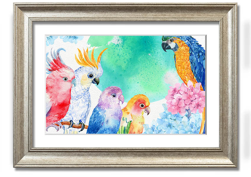 Framed print of vibrant watercolour parrots, showcasing colorful birds in a beautiful design, ready to hang.