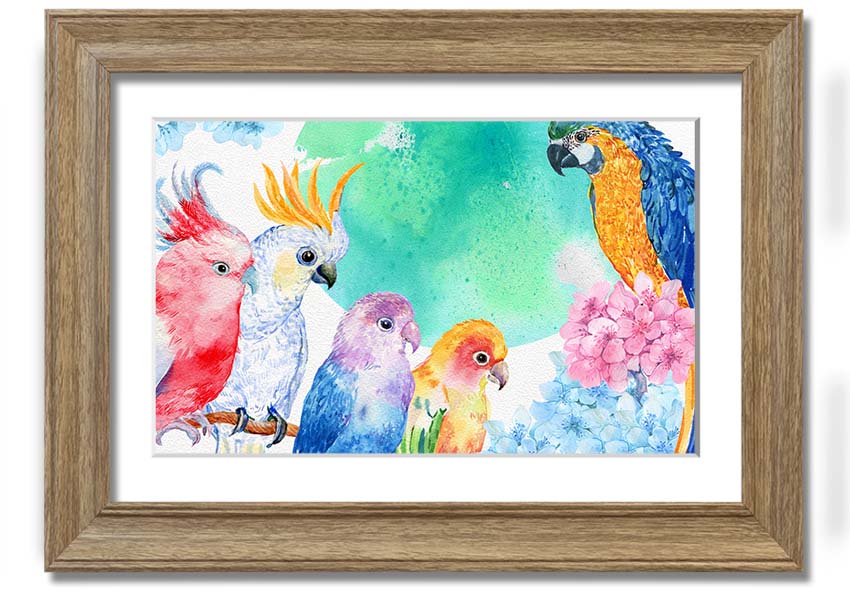 Framed print of vibrant watercolour parrots, showcasing colorful birds in a beautiful design, ready to hang.