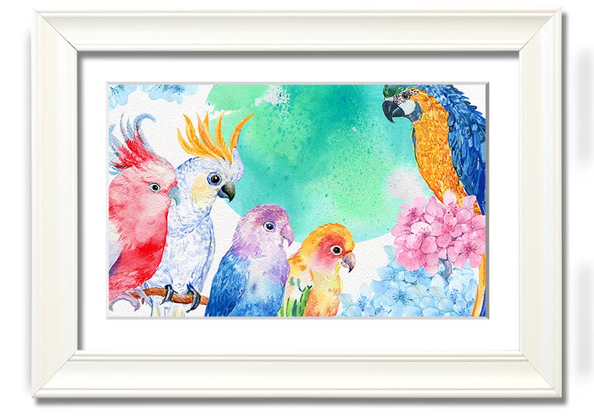 Framed print of vibrant watercolour parrots, showcasing colorful birds in a beautiful design, ready to hang.