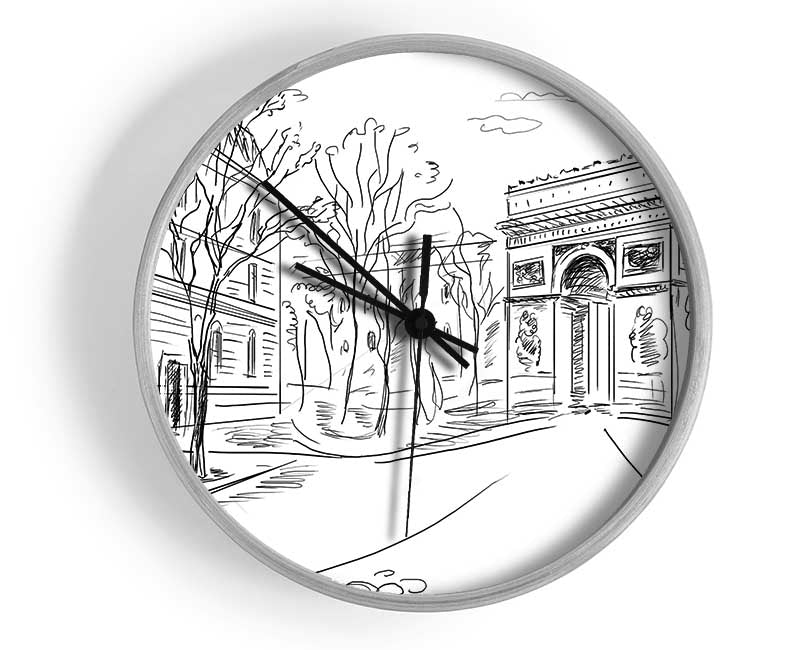 Arc De Triomphe 1 clock made from natural bamboo with a round face and clear Plexiglas lens, available in black, white, and natural frame colors.