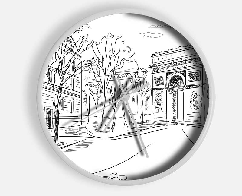 Arc De Triomphe 1 clock made from natural bamboo with a round face and clear Plexiglas lens, available in black, white, and natural frame colors.