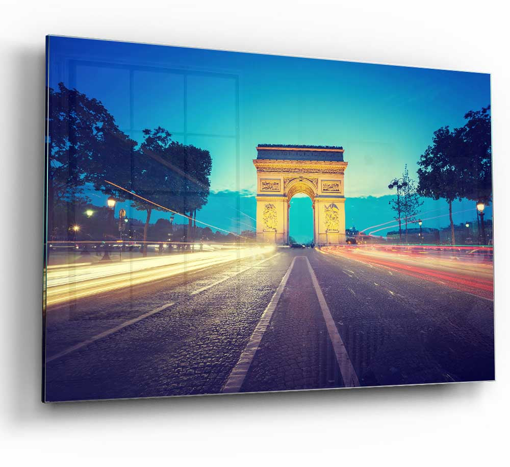 Arc De Triomphe 11 glass print showcasing modern art with vibrant colors and sleek design.