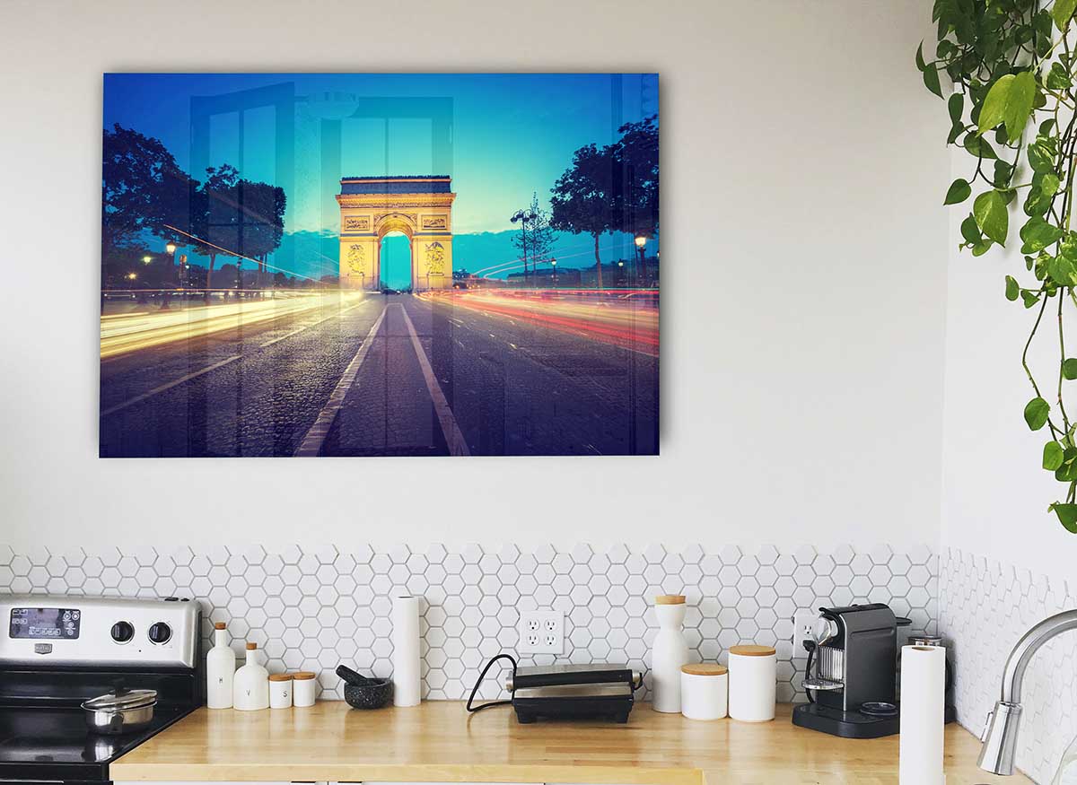 Arc De Triomphe 11 glass print showcasing modern art with vibrant colors and sleek design.