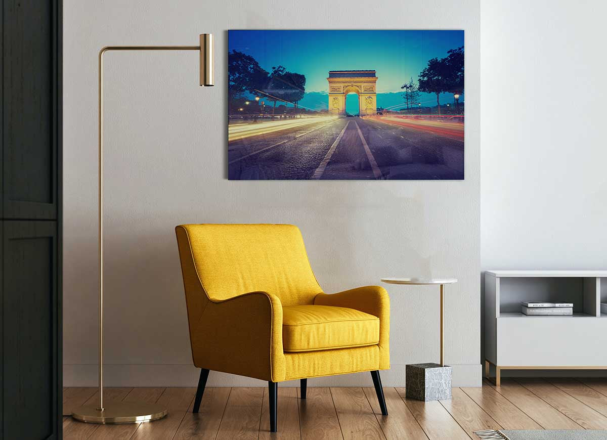 Arc De Triomphe 11 glass print showcasing modern art with vibrant colors and sleek design.