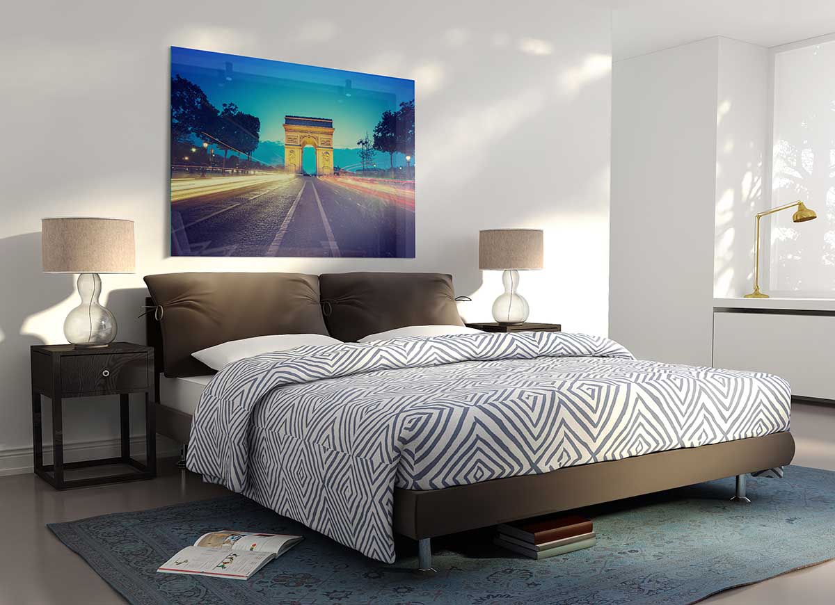 Arc De Triomphe 11 glass print showcasing modern art with vibrant colors and sleek design.