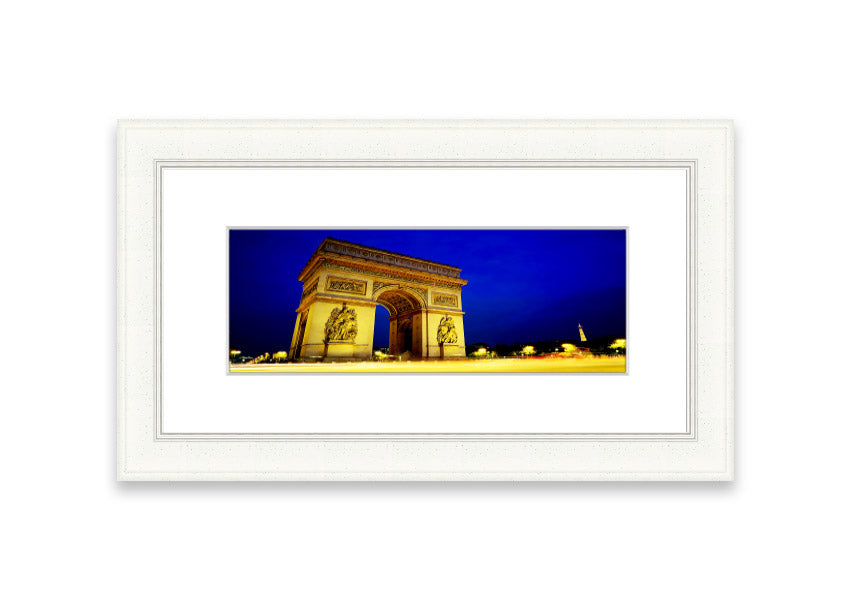 A beautifully framed print of the Arc De Triomphe, showcasing intricate details and available in various frame colors.