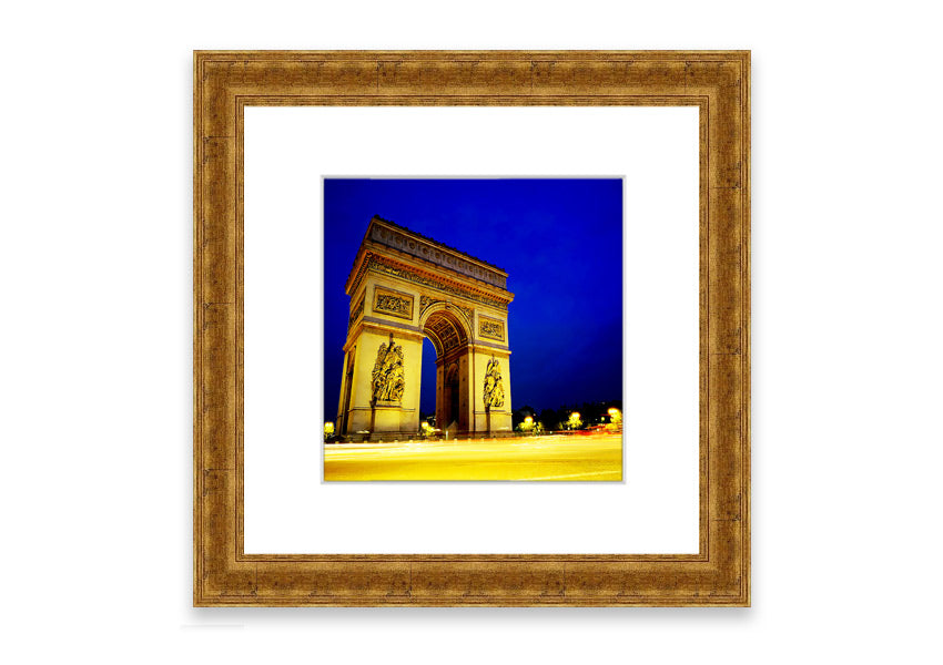 A beautifully framed print of the Arc De Triomphe, showcasing intricate details and available in various frame colors.