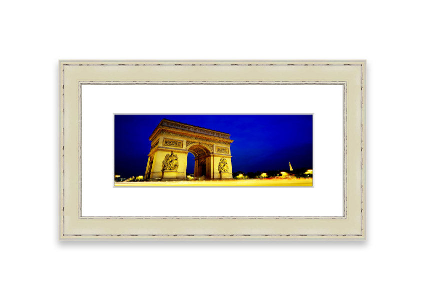 A beautifully framed print of the Arc De Triomphe, showcasing intricate details and available in various frame colors.