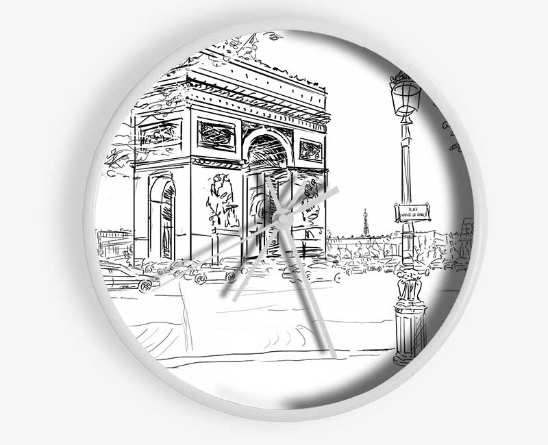 Arc De Triomphe 2 bamboo clock with a round face, available in black, white, and natural frame colors, featuring a clear Plexiglas lens.