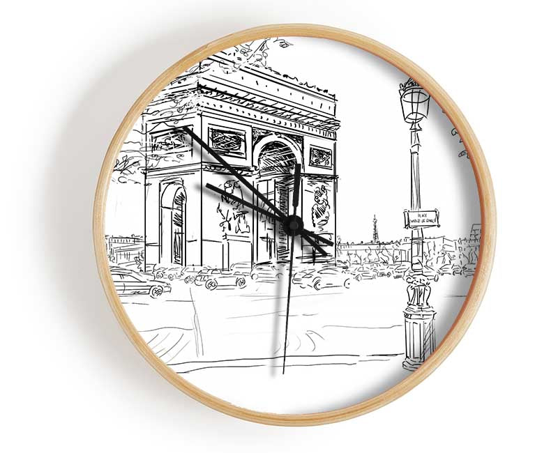 Arc De Triomphe 2 bamboo clock with a round face, available in black, white, and natural frame colors, featuring a clear Plexiglas lens.