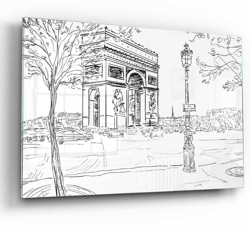 A modern glass print featuring the Arc De Triomphe, showcasing intricate details and vibrant colors.