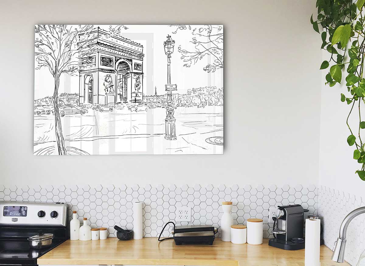 A modern glass print featuring the Arc De Triomphe, showcasing intricate details and vibrant colors.