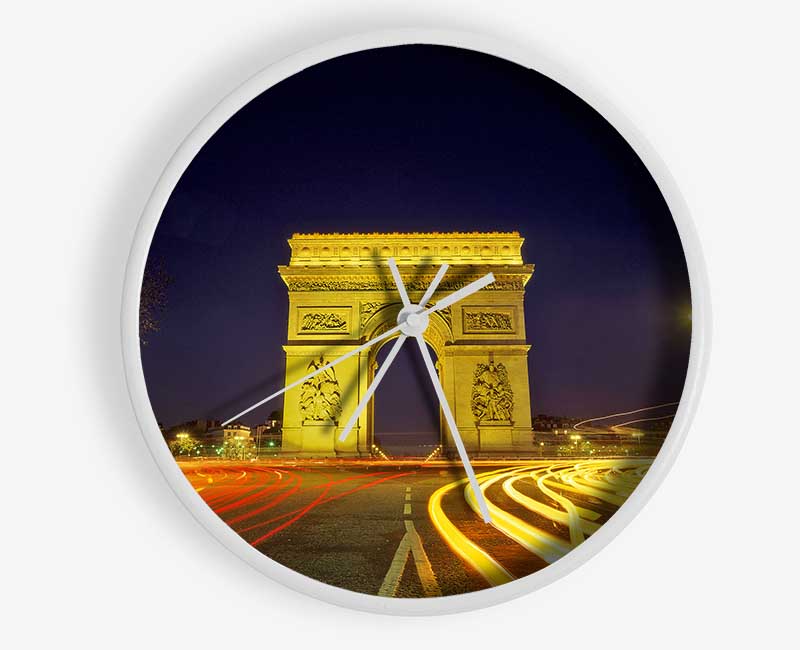 Arc De Triomphe 4 clock made from natural bamboo with a round face and clear Plexiglas lens, available in black, white, and natural frame colors.