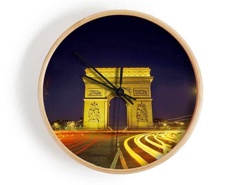 Arc De Triomphe 4 clock made from natural bamboo with a round face and clear Plexiglas lens, available in black, white, and natural frame colors.