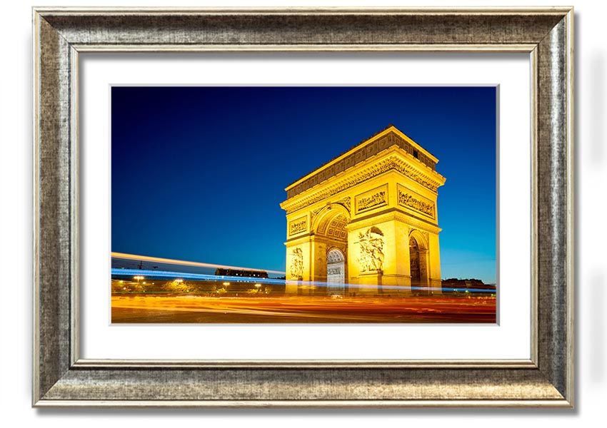 Framed print of the Arc De Triomphe 5, showcasing intricate details and vibrant colors, ready to hang.