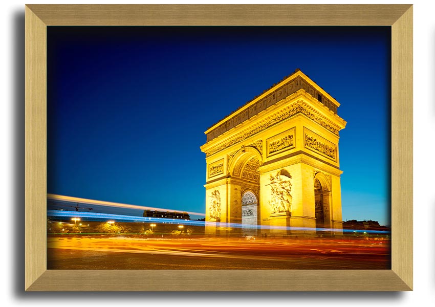 Framed print of the Arc De Triomphe 5, showcasing intricate details and vibrant colors, ready to hang.