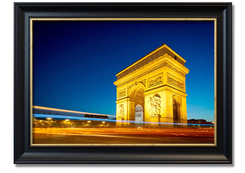 Framed print of the Arc De Triomphe 5, showcasing intricate details and vibrant colors, ready to hang.